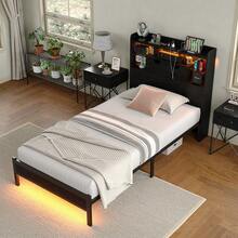 FUSOU Twin Metal Platform Bed Frame With LED Headboard & Charging Station, Adjustable Brightness, Under-Bed Storage, Heavy Duty, No Box Spring Needed, Black - 黑色 - 查看 4