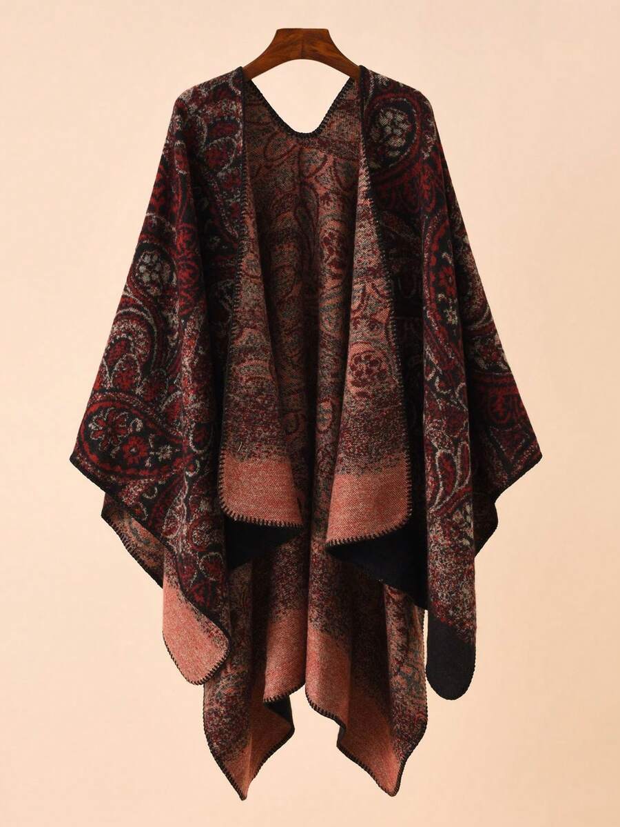 1 chiếc khăn choàng Poncho họa tiết hoa Jacquard cổ điển phong cách Bohemian dành cho nữ, khăn choàng ấm áp cho những buổi đi chơi thường ngày, du lịch vào mùa thu/đông - Rượu vang đỏ - B - Xem 1