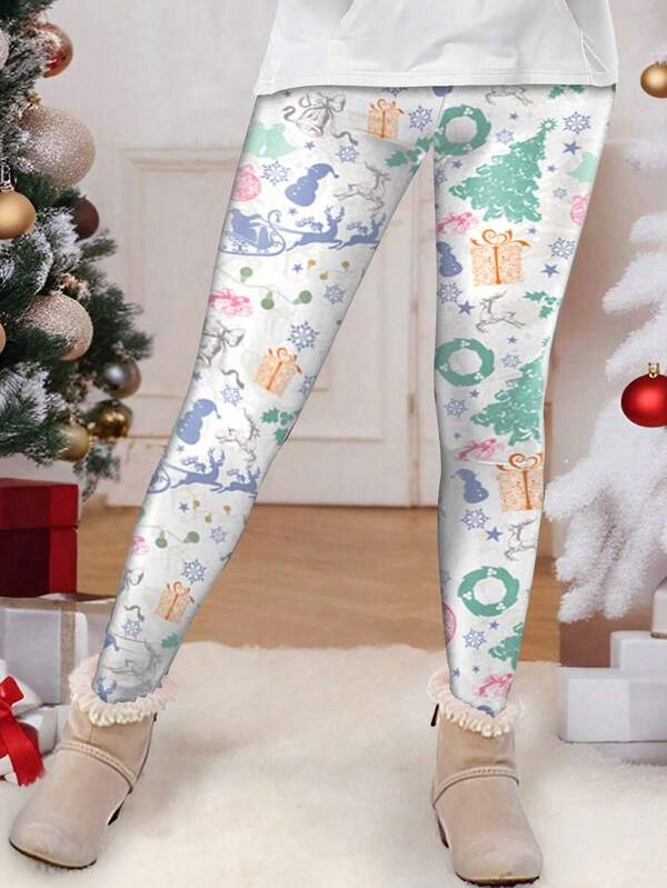 1 pieza Leggings de cintura alta con estampado de regalo de Navidad para mujer, adecuado para otoño/invierno, deportes al aire libre, yoga en casa