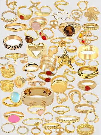 Juego de anillos ajustables vintage elegantes y retro con estilo de moneda, de 27/25/21/18/12/6/4 piezas, con elementos metálicos multicolor, piedras preciosas falsas, perlas, corazones, flores, estrellas de mar y hexagramas, adecuados para mujeres y hombres, ideales para vacaciones, fiestas, citas, regalos, combinación diaria, Navidad, Año Nuevo (estilos aleatorios)