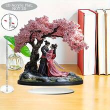 2D Flat, Bohemian Geisha And Samurai Cherry Blossom Desktop Decor - 2D Flat Statue, Traditional Male And Female Figures Under Pink Cherry Blossom Tree, No Assembly Required/Free Gift, Suitable For Home, Office, Wedding