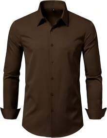 Men's Wrinkle Dress Shirts Formal Long Sleeve Button Down Wedding Business, Style - Brown - View 5
