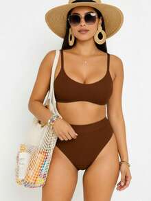 Half-Cup Bikini With Padded Cups, High-Waisted Bottoms, Ribbed Textured Hotpants, High Waistband, Double String, Comfortable, Casual, Elegant, Sensual, Boho Style. Features Include: Asymmetrical Tie Detail, Bare Back, Back Knot Detail, Braided Detail, Padded, Textured, 2-In-1 Design, Double Waistband, High Cut. Suitable For: Beachwear, Pool, Lake, Reservoir, Country House, Farm, Waterfall, Park, Water Park. (Note: The Last Line Appears To Be A List Of Unrelated Keywords And Doesn't Translate Directly. It's Likely A Placeholder Or Error.) - Rỉ Nâu - Xem 7