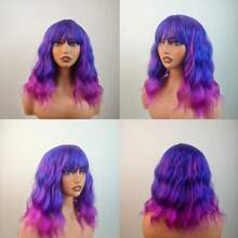 Elegant Ombre Purple Short Bob Wig For Women With Bangs,  Curly Wave Synthetic Hair, High Temperature Fiber, Rose Net Cap, 180% Density, Natural Heat Resistant, Cosplay Halloween Christmas Gift Party Style - 紫羅蘭色 - 查看 5