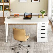 Tribesigns 47 Inches Computer Desk With 5 Drawers, Rustic Brown Home Office Desk With Storage, Modern Simple Laptop Desk Study Writing Table For Small Spaces, White - trắng - Xem 3