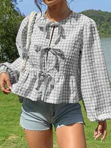 Chic Plus Size Gingham Peplum Blouse With Bishop Sleeves Round Neck Knot Detail And Ruffle Hem Long Sleeve Regular Fit Woven Top Non-Stretch Fabric Lightweight And Stylish - Grey - View 2
