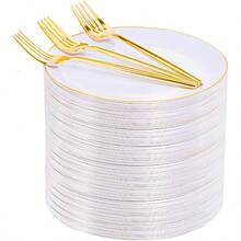 200Pcs Gold Plastic Dessert Plates With White Appetizer Platos And Gold Disposable Forks Ideal For Elegant Party Dessert Serving Includes 100pcs 7.5 Salad Platos And 100pcs 7.6 Plastic Forks For Stylish Cake Presentation And Casual Dining Events - 白金 - 查看 1