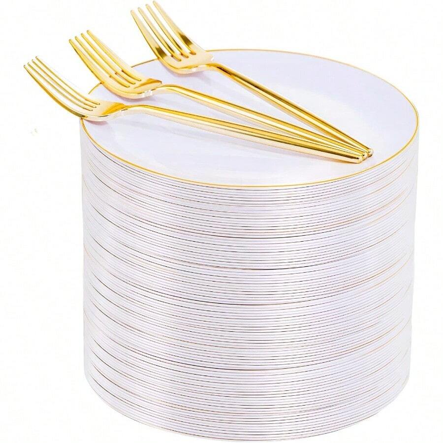 200Pcs Gold Plastic Dessert Plates With White Appetizer Platos And Gold Disposable Forks Ideal For Elegant Party Dessert Serving Includes 100pcs 7.5 Salad Platos And 100pcs 7.6 Plastic Forks For Stylish Cake Presentation And Casual Dining Events - 白金 - 查看 1