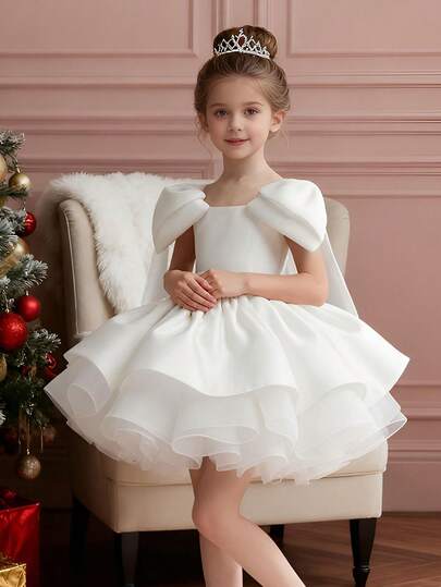 Young Girl' White Elegant Satin Short Sleeve Mini Party Dress, Suitable For Birthday Party, Celebration, Wedding, Flower Girl, Photo Shoot, Princess Dress, Prom, Graduation, Christmas