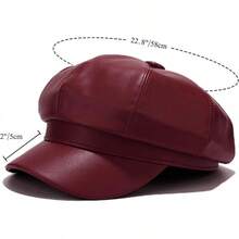 Women's PU Leather Newsboy Cap 8 Panel Paperboy Newsie Cap Bakerboy Beret Cabbie Hat, Fashionable Headwear - 酒紅色 - 查看 6