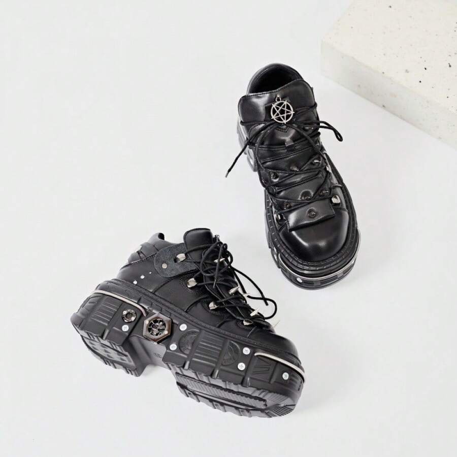 Women's Platform Biker Boots Lace Up Motorcycle Ankle Boots Black Metal Combat Y2K Goth Punk Booties Fashion Shoes Outdoor Footwear Rock Boots - 黑色 - 查看 1