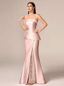 Elisanya Gaun Maxi Tanpa Tali yang Elegan untuk Wanita, Menampilkan Renda Kontras dan Desain Belahan Tinggi, Kain Tenun, Cocok untuk Pesta Malam Formal - Baby Pink - View 1