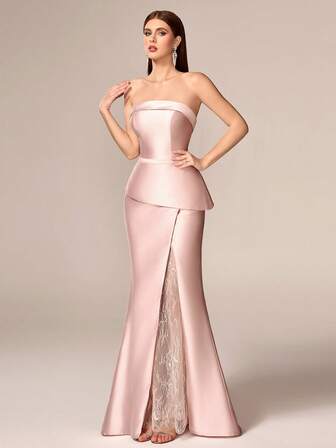 VIPGIRL Elegant Women's Strapless Long Dress With Contrast Lace And Split Thigh In Woven Fabric For Formal Evenings