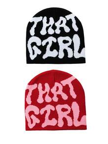 1pc Women's Fashion Y2K "That Girl" Jacquard Knit Beanie Hat, Warm & Suitable For Autumn/Winter Casual Outfits - Multicolor - View 26