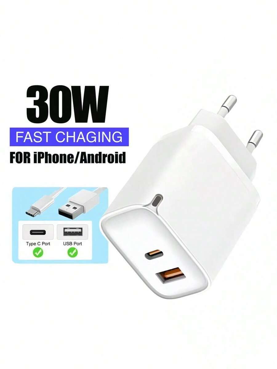 30W GaN 超级快充充电器，USB+Type-C 双接口设计，兼容 USB-A 和 USB-C 数据线，支持同时为两台设备快速充电。兼容 17/16/15 和 S25/S24/S23/S22 系列——是居家、办公和旅行的理想充电器/墙充，也是一份很棒的圣诞礼物/送给家人的礼物。