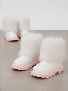 1双白色保暖毛绒领女童雪地靴，防滑耐穿，时尚粉色橡胶软底，后拉链设计，公主风PU皮靴，适合3-15岁女孩日常活动、户外活动、滑冰、打雪仗，2025冬季新款女童鞋 - 粉色 - 查看 5