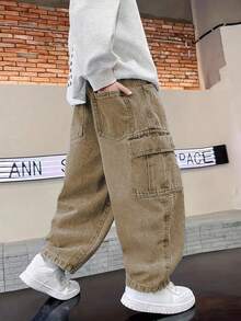 Tween Boy Casual Fashionable Street Style Simple Flap Pocket Cargo Denim Jeans - Khaki - View 2