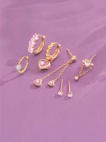 一套7件精致粉色锆石澳洲蛋白石心形吊坠耳环，适合派对、节日、约会或婚礼佩戴。 - 粉色 - 查看 3