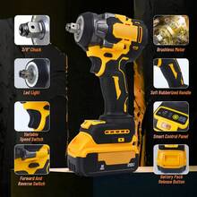 Cordless Impact Wrench Compatible With DeWalt 20V Battery,Brushless Impact Gun, 1/2 Inch 450N.M 3-Speed RPM Power Electric Impact Driver,Brushless Electric Impact Wrench Screwdriver Cordless Electric Wrench Power Tools, Suitable For Cars/Trucks RVs (Without Batteries) - 黃色-450N扳手(僅工具) - 查看 2