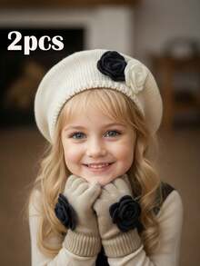Set de 2 piezas de gorro de boina y guantes de punto con decoración de flor y lazo para niñas bebés, estilo vintage de palacio, para otoño/invierno - 2 piezas - Ver 3