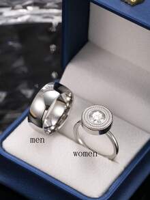 2pcs Fashionable & Elegant Stainless Steel Couple Rings, Includes Men's Plain Band & Women's Rhinestone Inlaid Ring, Suitable For Daily Wear, Festivals, Dates, Engagements, Weddings, Gift Box Included