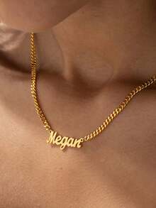 1 Piece Of High-Quality Custom Cuban Name Necklace, Gold-Plated Name Pendant, Customizable With English Name, Personalized Stainless Steel Necklace, Name Necklace, Custom Necklace, Women's Necklace, Women's Jewelry, Christmas Gift, Valentine's Day Gift, Personalized Gift, Unique Gift For Couples, Friends, Family, Anniversaries, Birthdays. - Multicolor - View 4