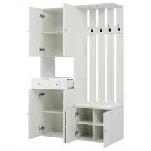 Wardrobe Set, Wall-Mounted Wardrobe; Wardrobe Set With Shoe Bench And Shoe Rack, 8 Hooks, 4 Doors, 1 Drawer, White Hallway Furniture 125*36*190cm (W*H*D) - White2 - View 1