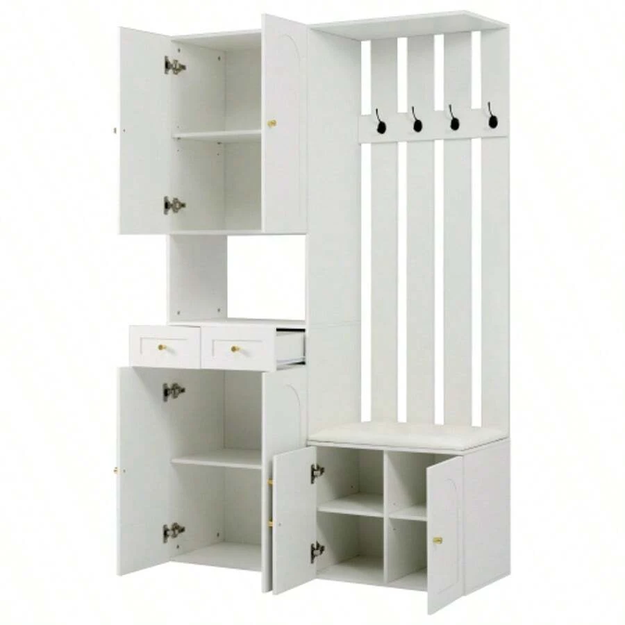 Wardrobe Set, Wall-Mounted Wardrobe; Wardrobe Set With Shoe Bench And Shoe Rack, 8 Hooks, 4 Doors, 1 Drawer, White Hallway Furniture 125*36*190cm (W*H*D) - White2 - View 1