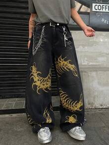 1件 Hearty Haven 男士休闲美式印花做旧阔腿牛仔裤，时尚宽松版型长裤（不含腰带和配饰） - 黑色 - 查看 5