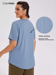 Plus Size Women's Short Sleeve Fitness T-Shirt, Round Neck Raglan Sleeve Design, Breathable Perforated Back, Quick-Dry Fabric, Hip-Covering Summer - Blue - View 11