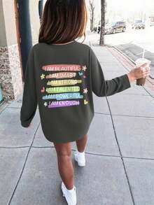 青少年女孩趣味印花圆领长袖T恤，秋冬上衣 - 深灰色 - 查看 1