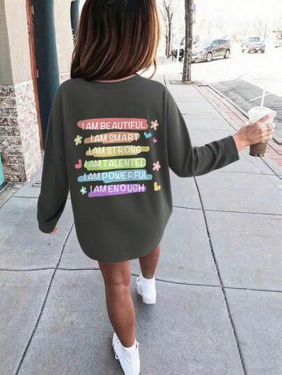 青少年女孩趣味印花圆领长袖T恤，秋冬上衣