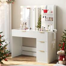 36.2 Inch Fluted Vanity Desk With Mirror And Adjustable LED Lights, Elegant Makeup Vanity With Glass Top, 4 Drawers, And Built-In Charging Station For Bedroom Or Dorm, Ideal For Women And Girls - Xem 10