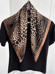 1-Piece Luxury Brand Leopard Print Square Scarf, Women's Silk Imitation Scarf, Casual Versatile Decorative Small Scarf - 豹紋 - 查看 3