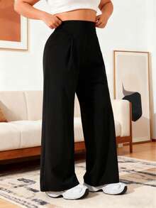 Women's Plus Size High-Waisted Solid Black Sporty Pants – Loose Wide Leg Yoga Trousers With Side Pockets, Casual Joggers For Autumn Daily Fashionable Solid Color Casual Loose Wide-Leg Pants For Women, Elegant And Minimalist - Black - View 6