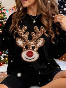 Christmas Outfit WomenWomen's Christmas Reindeer Sequin Applique Sweatshirt Long Sleeve Rib-Knit Pullover Round Neck Regular Fit Warm Lined TopLoose And Comfortablelong Sleeve Tops Women Thanksgiving Outfit Women - màu đen - Xem 4