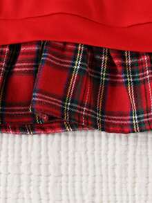 Blusa casual de niña de color rojo sólido con dobladillo a cuadros, adorable decoración de moño 2 en 1 sudadera - Rojo - Ver 4