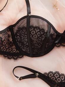 Bộ đồ lót gợi cảm 2 món cho nữ, thiết kế viền ren, áo ngực và quần lót không dây có thể tháo rời, dây đeo có thể điều chỉnh - màu đen - Xem 5