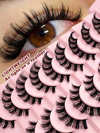 10对自然逼真的假睫毛，猫眼狐狸睫毛，轻盈舒适，自然蓬松，3D人造貂毛睫毛，适合新手日常妆容使用