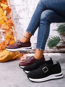 1 Pair Women's Platform Wedge Shoes, Solid Color PU Leather, Buckle Closure, Suitable For Outdoor Wear All Season - Burgundy - View 2