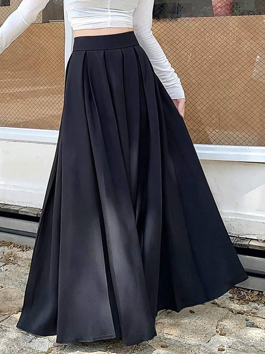 女士休闲百褶A字长裙 - 黑色 - 查看 1