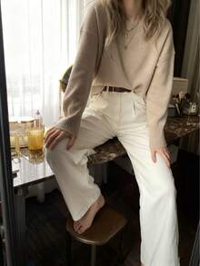 1 قطعة كنزة صوفية محبوكة بلون المشمش، إطلالة مريحة ومسترخية للارتداء المنزلي، مناسبة للنساء الناضجات للاستخدام اليومي والتنقل، خفيفة الوزن وفضفاضة المقاس - لون مشمشي - مشاهدة 3