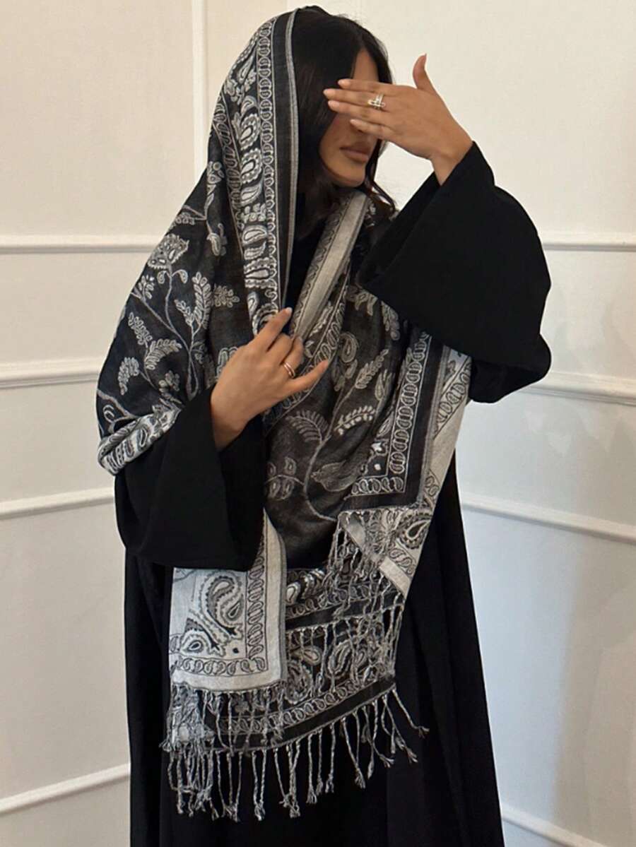 1pc Bohemian Style Paisley Floral Jacquard Women's Pashmina Scarf, Vintage Tassel Hijab Shawl For Daily Wear, Spring/Summer