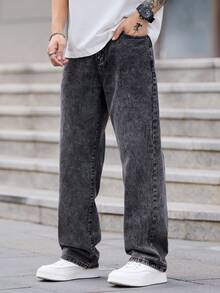 1pc Justice Brother High-End Denim Jeans, Casual Loose Fit Wide Leg Pants, Washed Effect - Grey - View 2