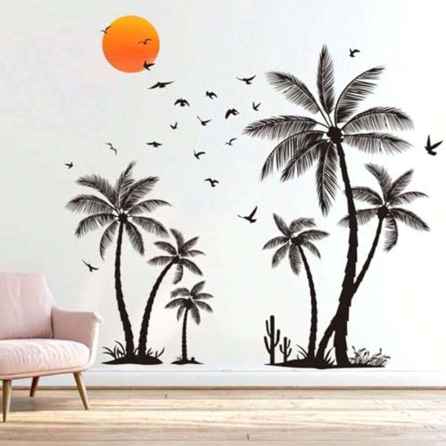 Large Black Palm Tree Wall Stickers Tropical Coconut Tree Birds Wall Decals Bedroom Living Room Sofa TV Background Home Wall Decor - Black - View 1