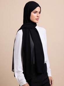 1pc Women Hijab Simple Color Chiffon Faux Pearl Soft Headscarf, Conservative Solid Color Wrap Shawl, Suitable For Women Abaya Daily Use - Black - View 4