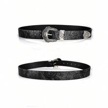 1pc Boho-Chic Black Faux Leather Belt With Vintage Oval Hollow Buckle - Versatile For Jeans, Dresses & Casual Wear - 黑色-b - 查看 2