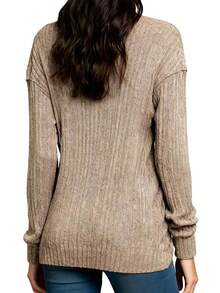 Women's V Neck Sweaters Casual Long Sleeve Button Front Ribbed Knit Tops Pullovers - Khaki - View 3
