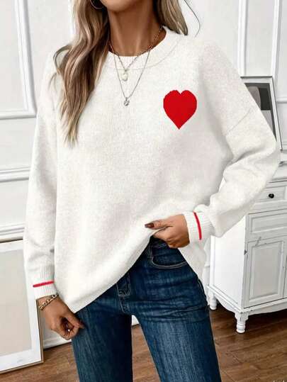 Plus Size Women Pullover Sweater, Solid Color Design, Fashionable & Elegant, Heart Decor, Warm Long Sleeve Knit Sweater