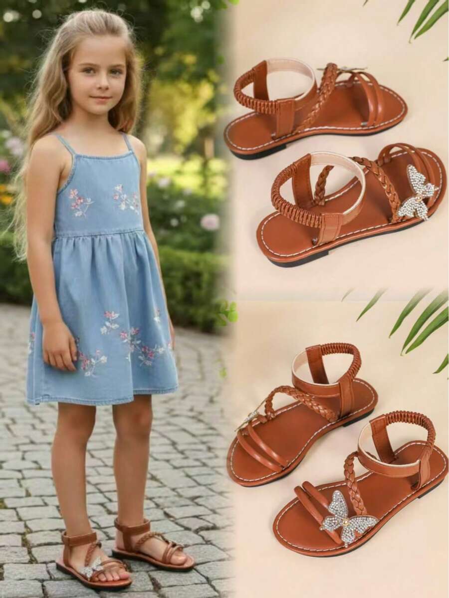 1双棕色幼儿/小女孩平底凉鞋，PU皮革材质，饰有水钻蝴蝶图案，套脚设计，圆头，时尚可爱，适合3-15岁女孩日常、休闲、上学、散步、旅行、春夏穿着。 - 棕色 - 查看 1